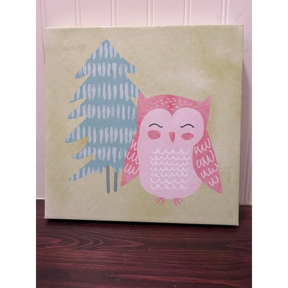Kids Pink Owl Blue Tree Canvas Wall Art Nursery Decor 12x12 Square